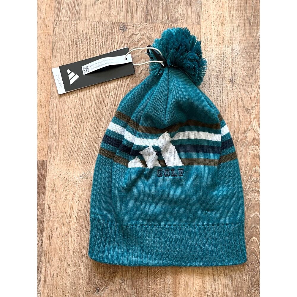 NWT Adidas Green Stripe Bobble Pom Beanie Hat Cap Women's Size Medium - Picture 2 of 7